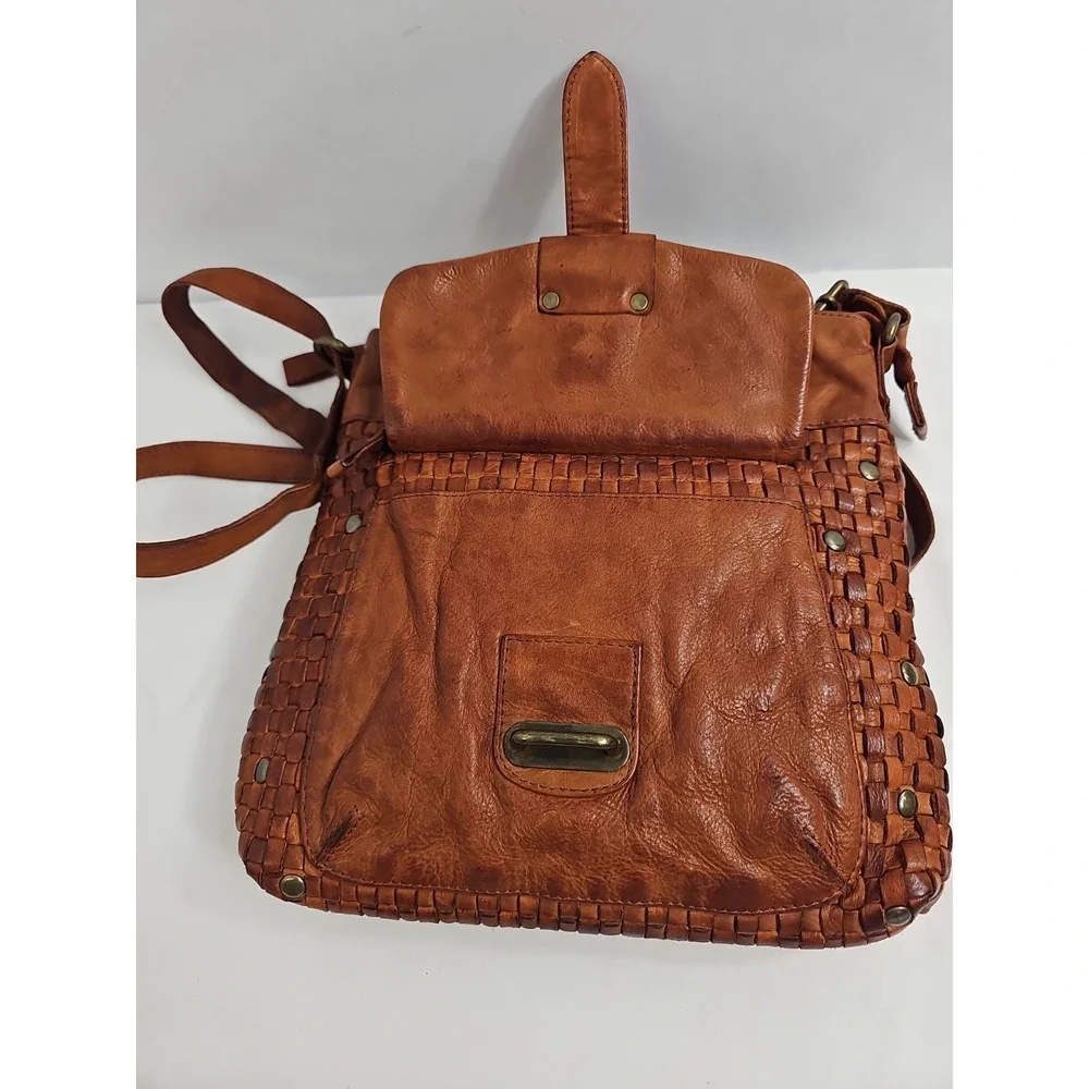 Harbour 2nd Tuula Woven Distressed Leather Crossbody Bag Purse Brown Cognac